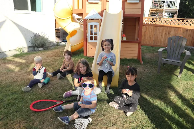Group of children playing outside by a wooden playhouse slide