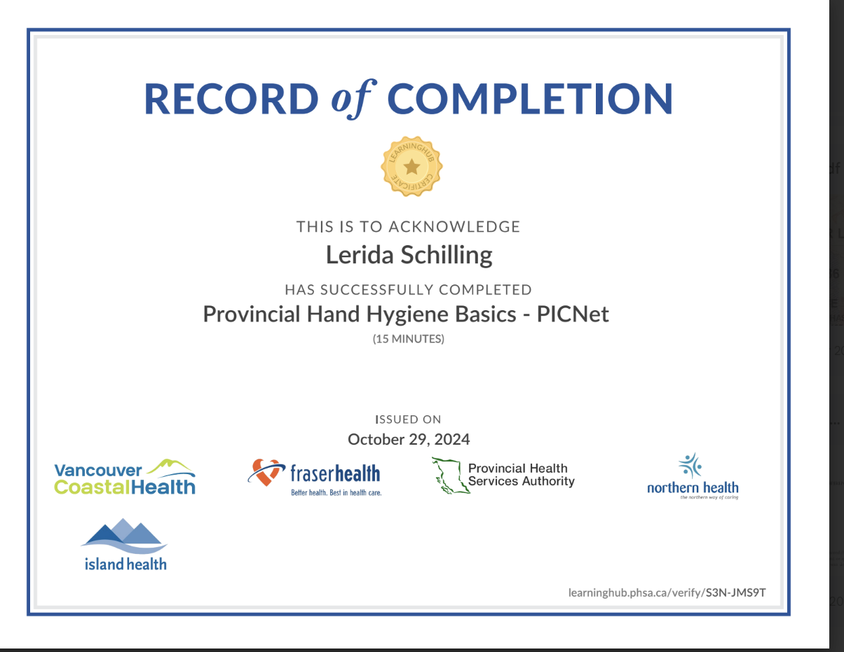 Provincial Hand Hygiene Basics Record of Completion